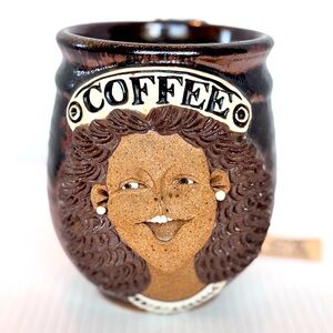 Vtg Ugly Face Mug Pottery Signed, Nunes Pottery Cup Stoneware Folk Art “Coffee”